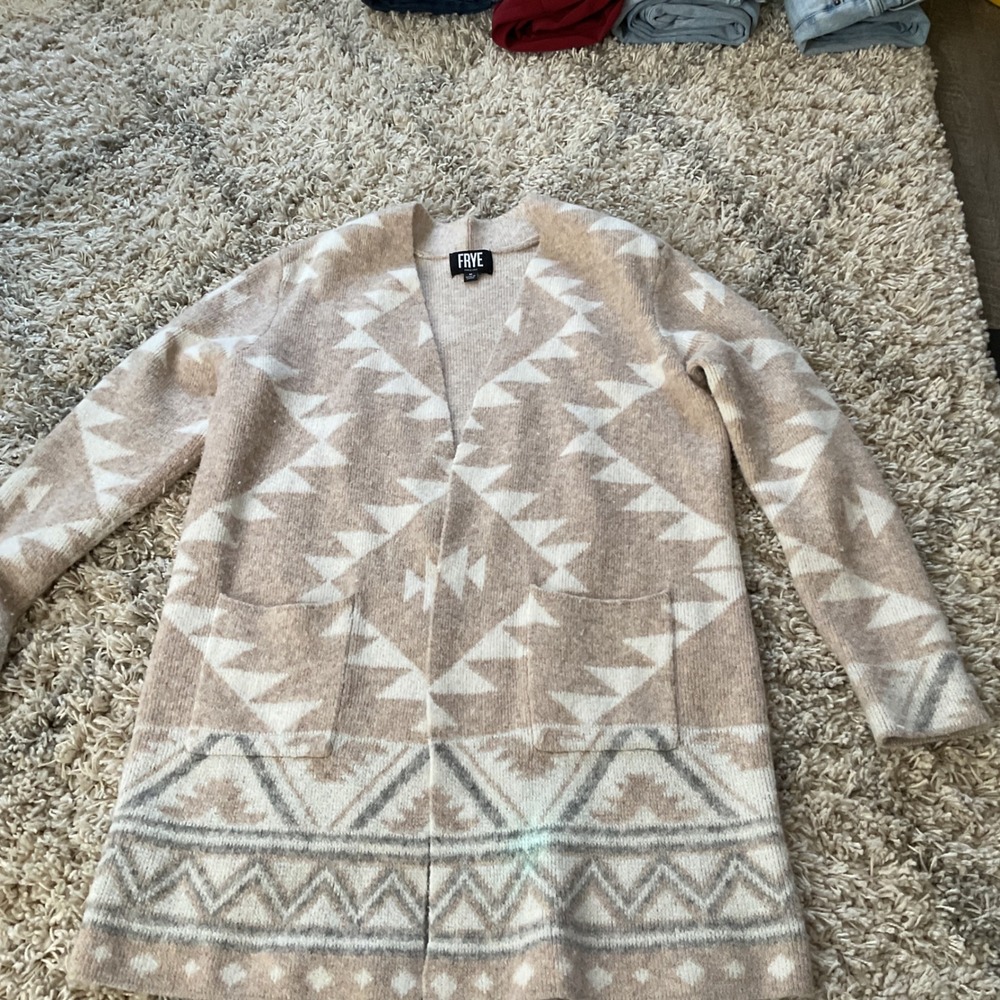 FRYE Geometric Pattern Knit Cardigan Sweater Beige Women M‎